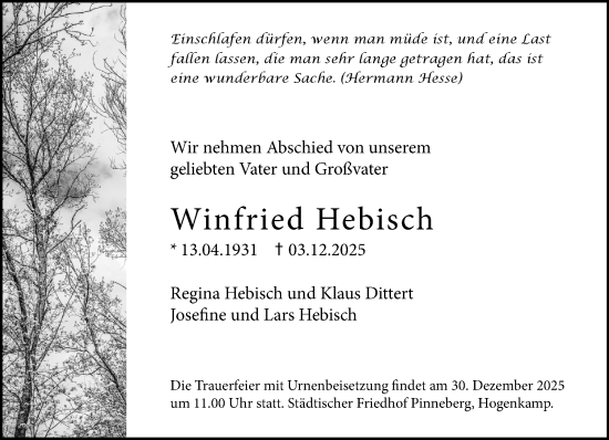 Traueranzeige von Winfried Hebisch von Region Pinneberg und tip Pinneberg