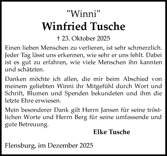 Traueranzeige von Winfried Tusche von Flensburger Tageblatt