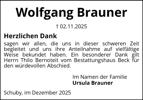 Traueranzeige von Wolfgang Brauner von Schleswiger Nachrichten, Schlei-Bote