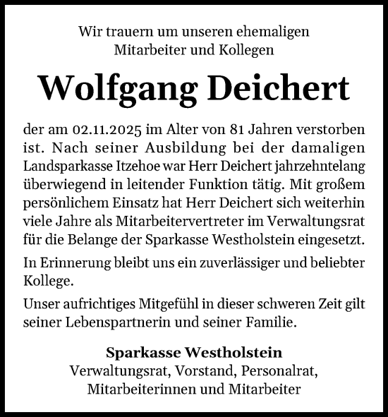 Traueranzeige von Wolfgang Deichert von Norddeutsche Rundschau, Wilstersche Zeitung, Glückstädter Fortuna