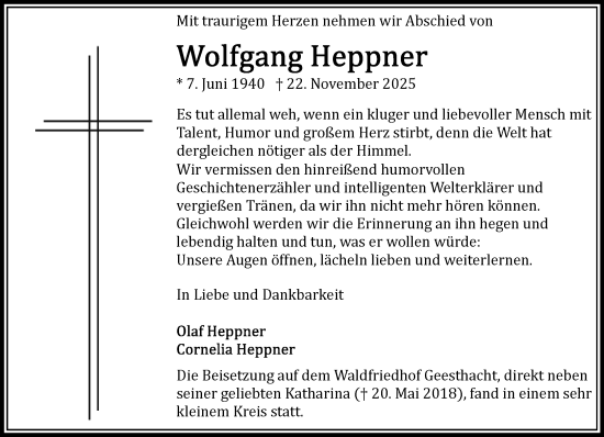 Traueranzeige von Wolfgang Heppner von Wochenend Anzeiger