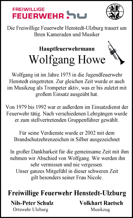 Traueranzeige von Wolfgang Howe von Umschau