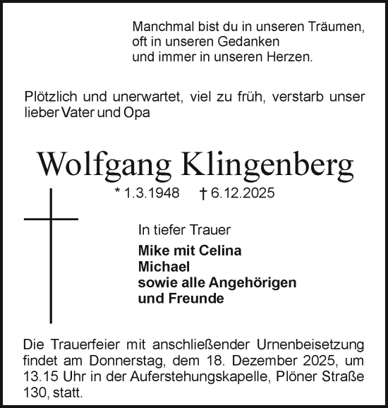 Traueranzeige von Wolfgang Klingenberg von Holsteinischer Courier