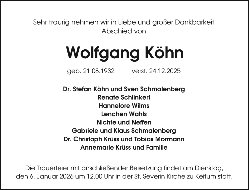  Traueranzeige für Wolfgang Köhn vom 31.12.2025 aus Sylter Rundschau