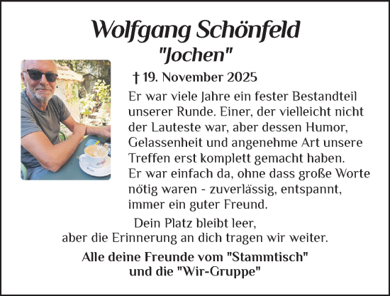 Traueranzeige von Wolfgang Schönfeld von Schleswiger Nachrichten, Schlei-Bote