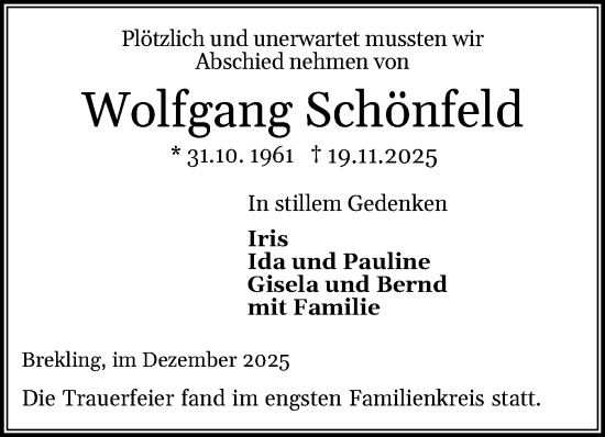 Traueranzeige von Wolfgang Schönfeld von Schleswiger Nachrichten, Schlei-Bote