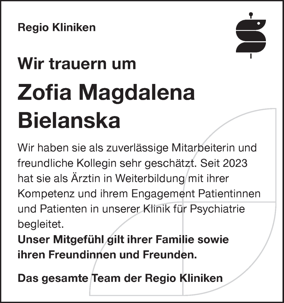  Traueranzeige für Zofia Magdalena Bielanska vom 20.12.2025 aus Elmshorner Nachrichten, Barmstedter Zeitung