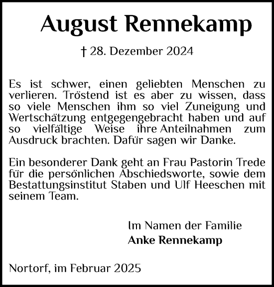Traueranzeige von August Rennekamp von Schleswig-Holsteinische Landeszeitung