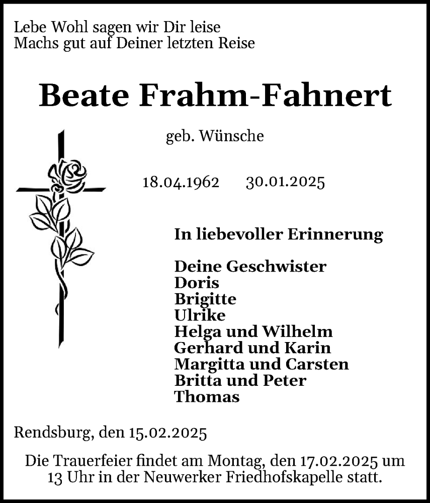  Traueranzeige für Beate Frahm-Fahnert vom 15.02.2025 aus Schleswig-Holsteinische Landeszeitung