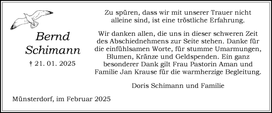 Traueranzeige von Bernd Schimann von Norddeutsche Rundschau, Wilstersche Zeitung, Glückstädter Fortuna