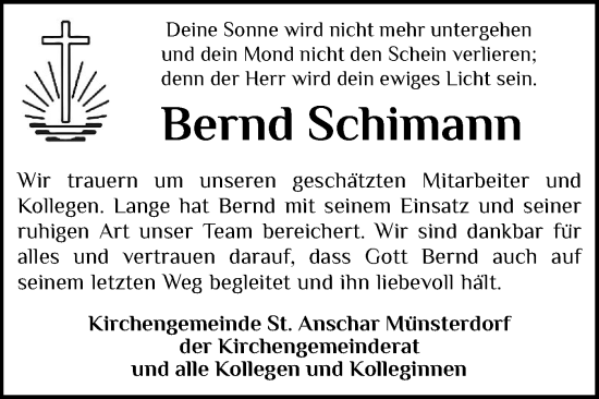 Traueranzeige von Bernd Schimann von Norddeutsche Rundschau, Wilstersche Zeitung, Glückstädter Fortuna