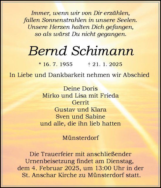 Traueranzeige von Bernd Schimann von Norddeutsche Rundschau, Wilstersche Zeitung, Glückstädter Fortuna