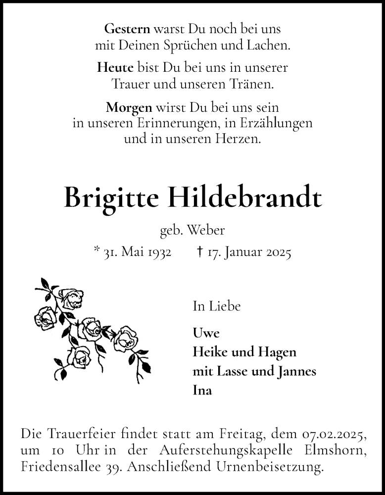  Traueranzeige für Brigitte Hildebrandt vom 01.02.2025 aus Elmshorner Nachrichten, Barmstedter Zeitung