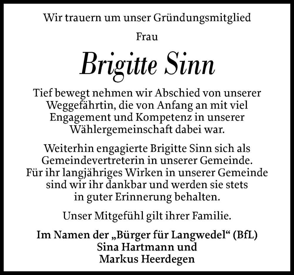  Traueranzeige für Brigitte Sinn vom 15.02.2025 aus Schleswig-Holsteinische Landeszeitung
