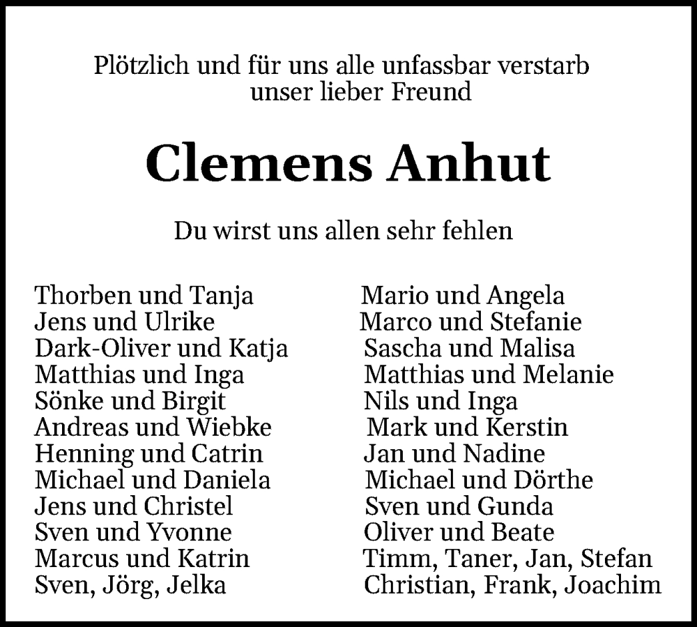  Traueranzeige für Clemens Anhut vom 22.02.2025 aus Schleswig-Holsteinische Landeszeitung