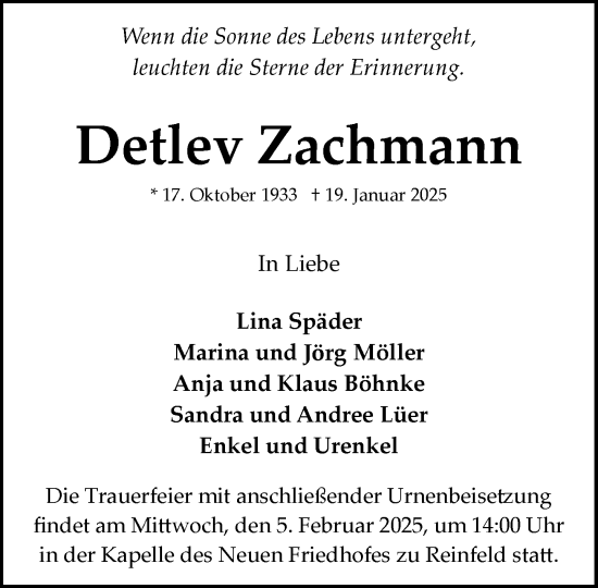 Traueranzeige von Detlev Zachmann von MARKT Bad Oldesloe/Reinfeld und Stormarner Tageblatt