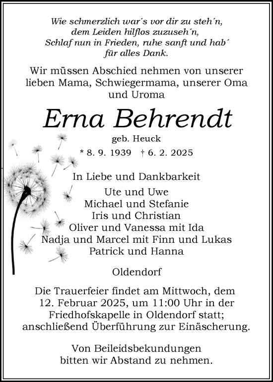 Traueranzeige von Erna Behrendt von Norddeutsche Rundschau, Wilstersche Zeitung, Glückstädter Fortuna