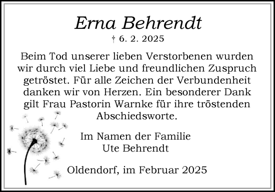 Traueranzeige von Erna Behrendt von Norddeutsche Rundschau, Wilstersche Zeitung, Glückstädter Fortuna