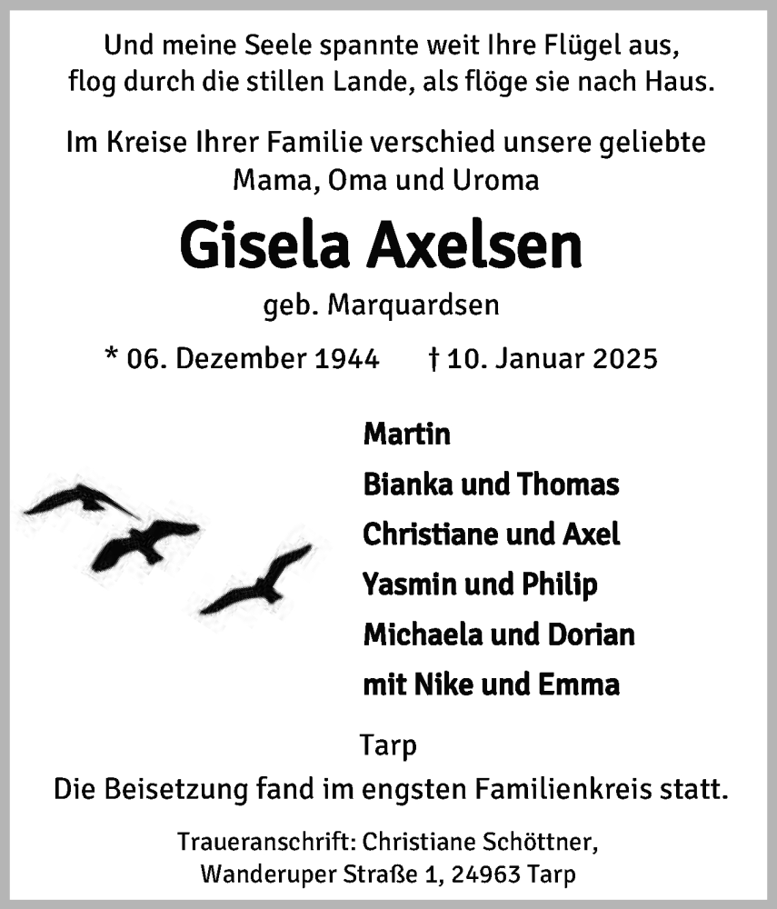  Traueranzeige für Gisela Axelsen vom 08.02.2025 aus Flensburger Tageblatt