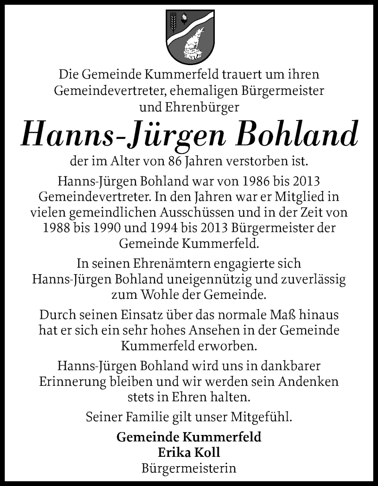  Traueranzeige für Hanns-Jürgen Bohland vom 15.02.2025 aus Region Pinneberg und tip Pinneberg