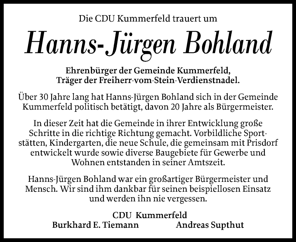  Traueranzeige für Hanns-Jürgen Bohland vom 15.02.2025 aus Region Pinneberg und tip Pinneberg