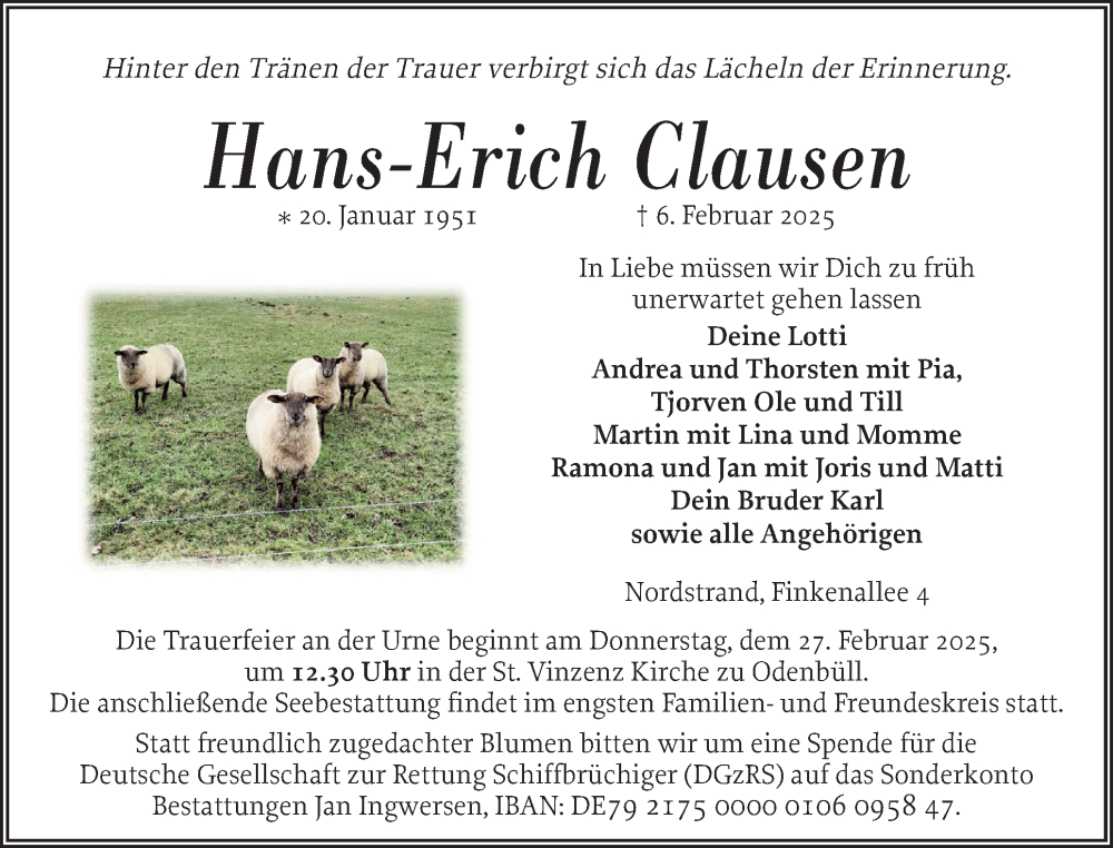  Traueranzeige für Hans-Erich Clausen vom 15.02.2025 aus Husumer Nachrichten, Nordfriesland Tageblatt
