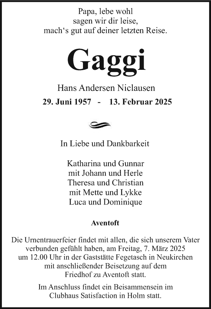  Traueranzeige für Hans Andersen Niclausen vom 22.02.2025 aus Husumer Nachrichten, Nordfriesland Tageblatt
