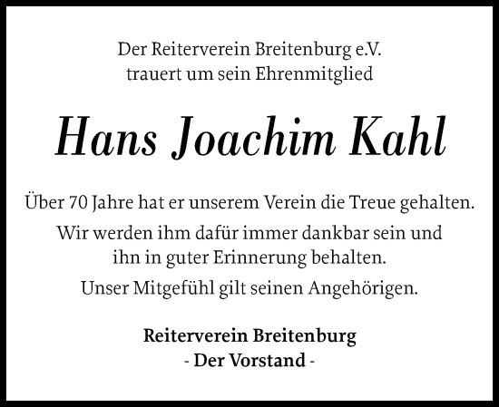 Traueranzeige von Hans Joachim Kahl von Norddeutsche Rundschau, Wilstersche Zeitung, Glückstädter Fortuna