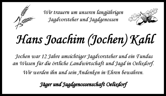 Traueranzeige von Hans Joachim Kahl von Norddeutsche Rundschau, Wilstersche Zeitung, Glückstädter Fortuna