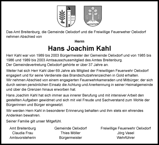 Traueranzeige von Hans Joachim Kahl von Norddeutsche Rundschau, Wilstersche Zeitung, Glückstädter Fortuna