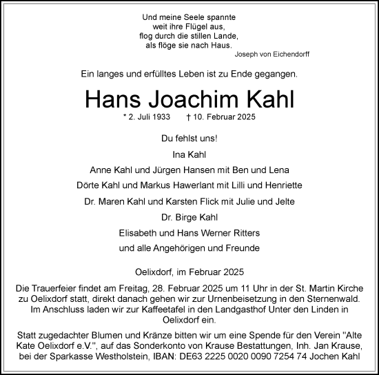 Traueranzeige von Hans Joachim Kahl von Norddeutsche Rundschau, Wilstersche Zeitung, Glückstädter Fortuna