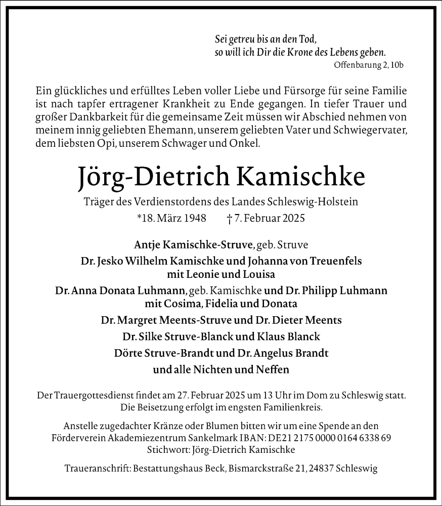  Traueranzeige für Jörg-Dietrich Kamischke vom 15.02.2025 aus Schleswiger Nachrichten, Schlei-Bote