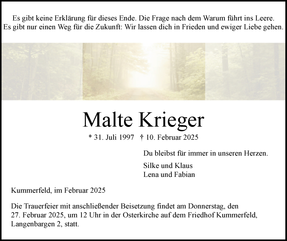  Traueranzeige für Malte Krieger vom 22.02.2025 aus Region Pinneberg und tip Pinneberg