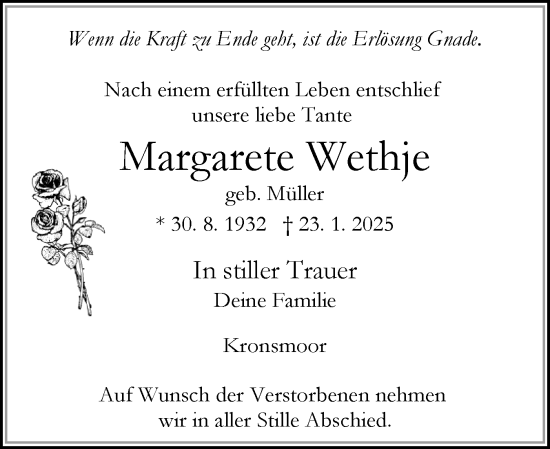 Traueranzeige von Margarete Wethje von Norddeutsche Rundschau, Wilstersche Zeitung, Glückstädter Fortuna