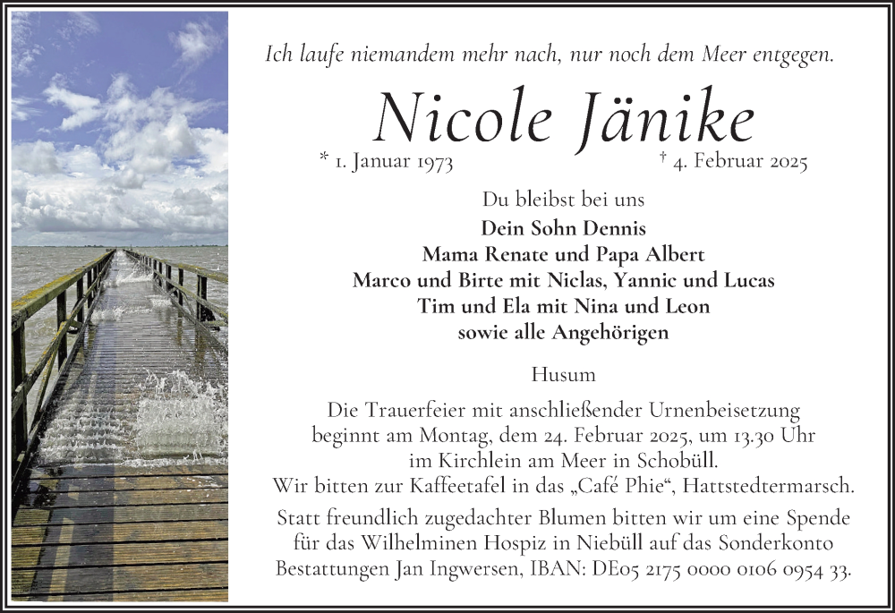  Traueranzeige für Nicole Jänike vom 12.02.2025 aus Husumer Nachrichten, Nordfriesland Tageblatt