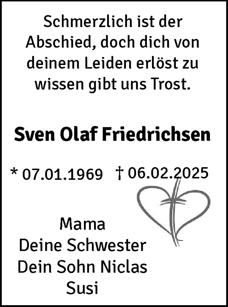  Traueranzeige für Sven Olaf Friedrichsen vom 18.02.2025 aus Husumer Nachrichten, Nordfriesland Tageblatt