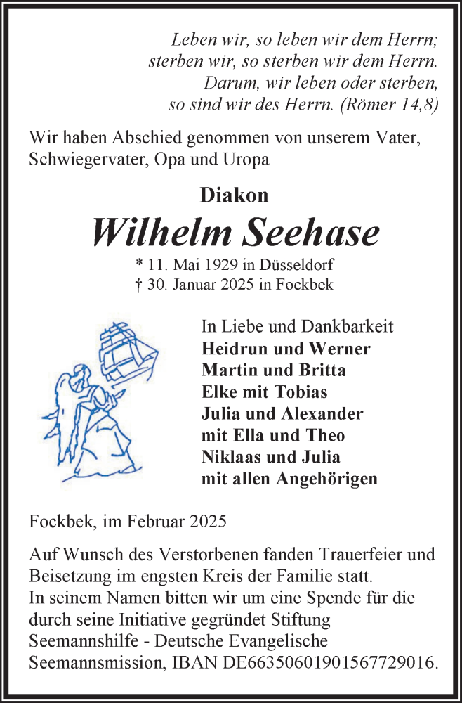  Traueranzeige für Wilhelm Seehase vom 08.02.2025 aus Schleswig-Holsteinische Landeszeitung