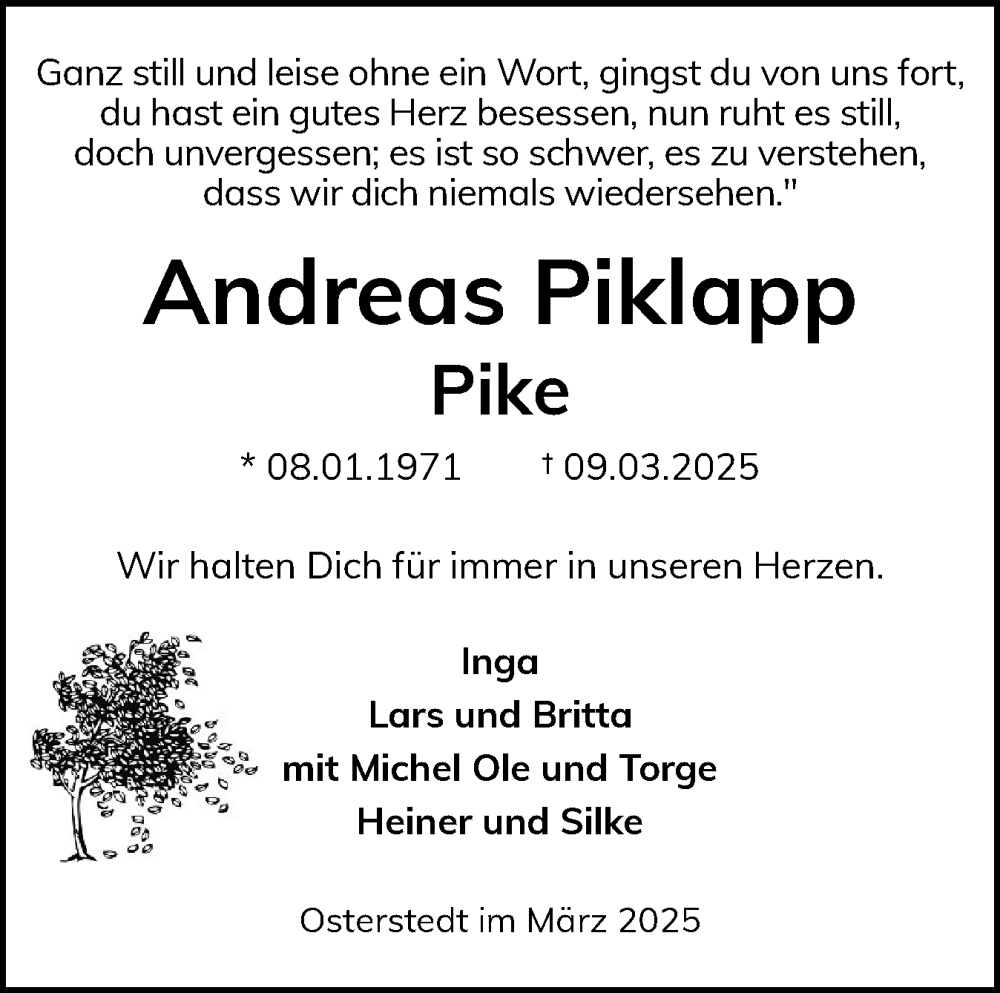  Traueranzeige für Andreas Piklapp vom 15.03.2025 aus Schleswig-Holsteinische Landeszeitung