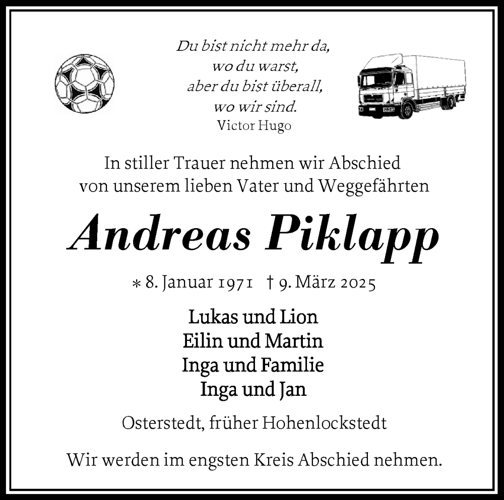  Traueranzeige für Andreas Piklapp vom 15.03.2025 aus Norddeutsche Rundschau, Wilstersche Zeitung, Glückstädter Fortuna