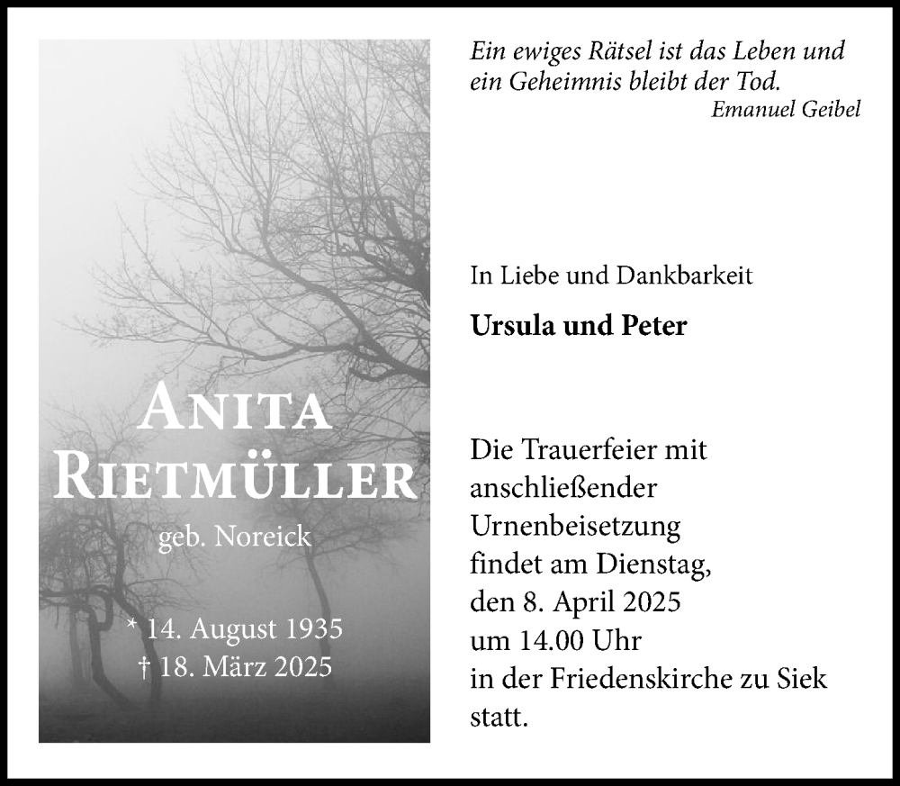  Traueranzeige für Anita Rietmüller vom 29.03.2025 aus MARKT Ahrensburg/Bargteheide/Trittau und Stormarner Tageblatt