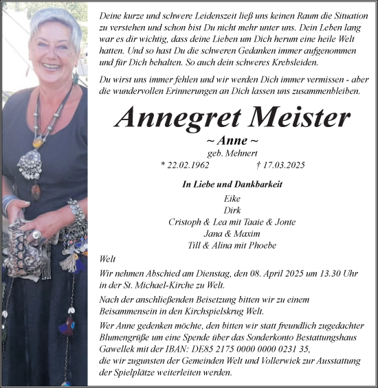 Traueranzeige von Annegret Meister von Husumer Nachrichten, Nordfriesland Tageblatt