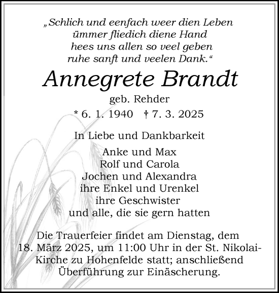 Traueranzeige von Annegrete Brandt von Norddeutsche Rundschau, Wilstersche Zeitung, Glückstädter Fortuna