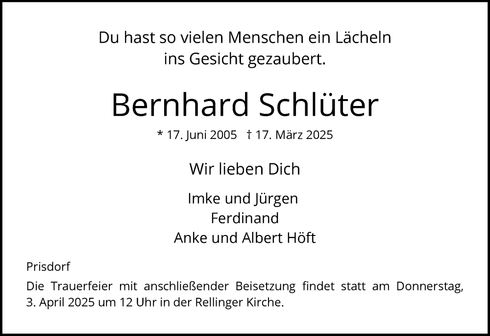  Traueranzeige für Bernhard Schlüter vom 29.03.2025 aus Region Pinneberg und tip Pinneberg