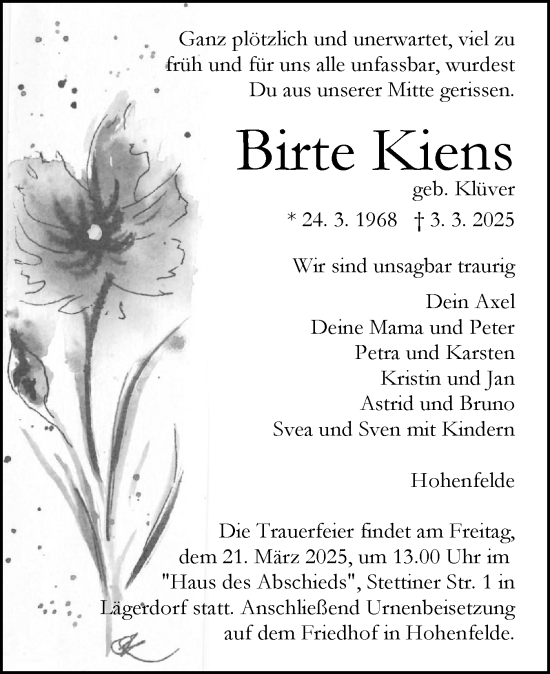 Traueranzeige von Birte Kiens von Norddeutsche Rundschau, Wilstersche Zeitung, Glückstädter Fortuna