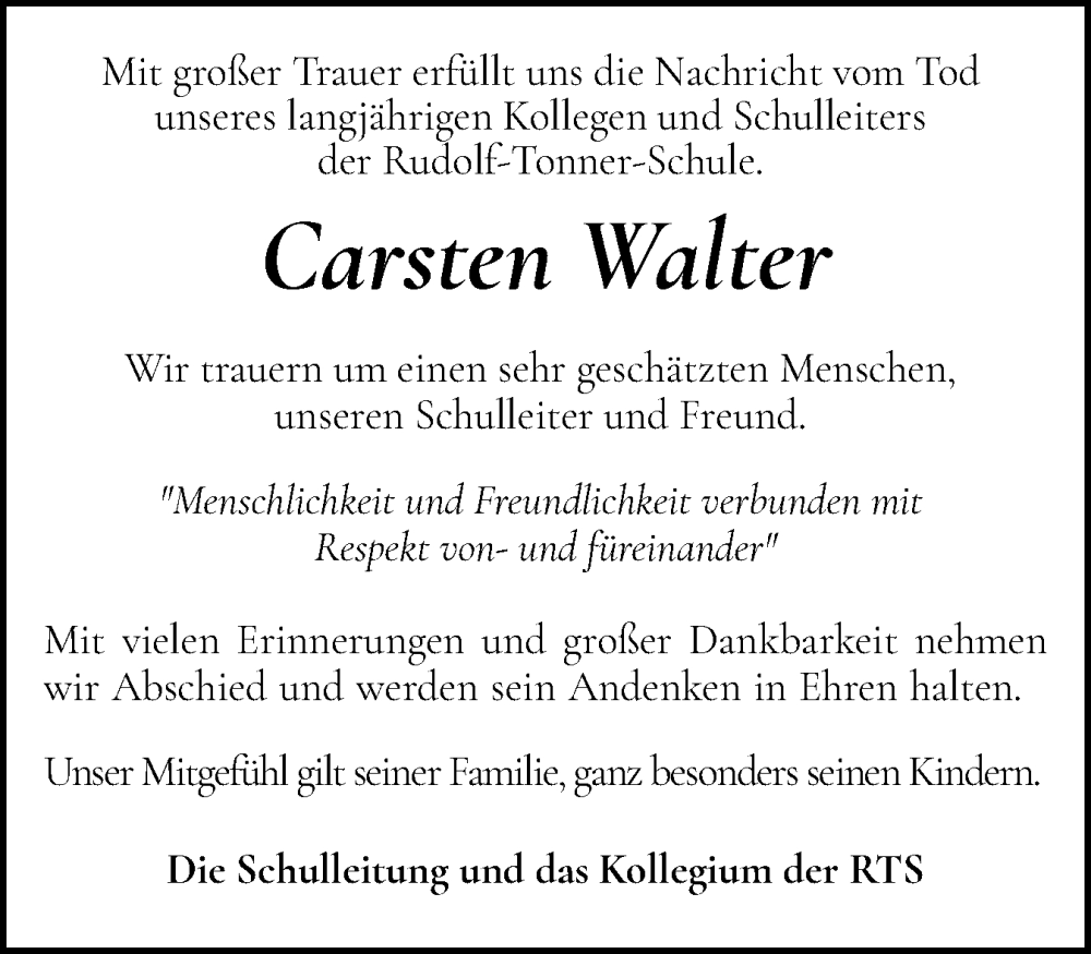  Traueranzeige für Carsten Walter vom 29.03.2025 aus Holsteinischer Courier