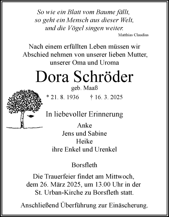 Traueranzeige von Dora Schröder von Norddeutsche Rundschau, Wilstersche Zeitung, Glückstädter Fortuna