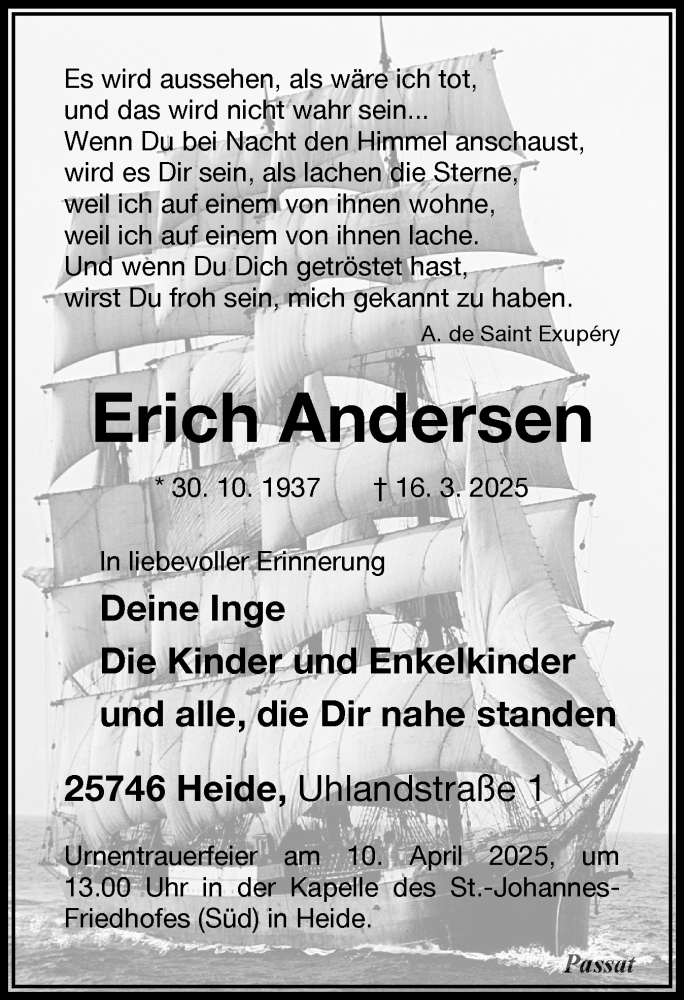  Traueranzeige für Erich Andersen vom 29.03.2025 aus Sylter Rundschau