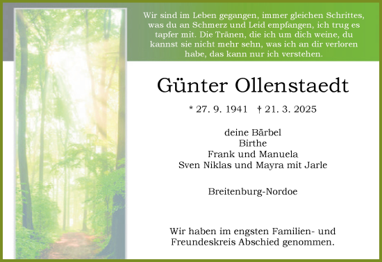 Traueranzeige von Günter Ollenstaedt von Norddeutsche Rundschau, Wilstersche Zeitung, Glückstädter Fortuna