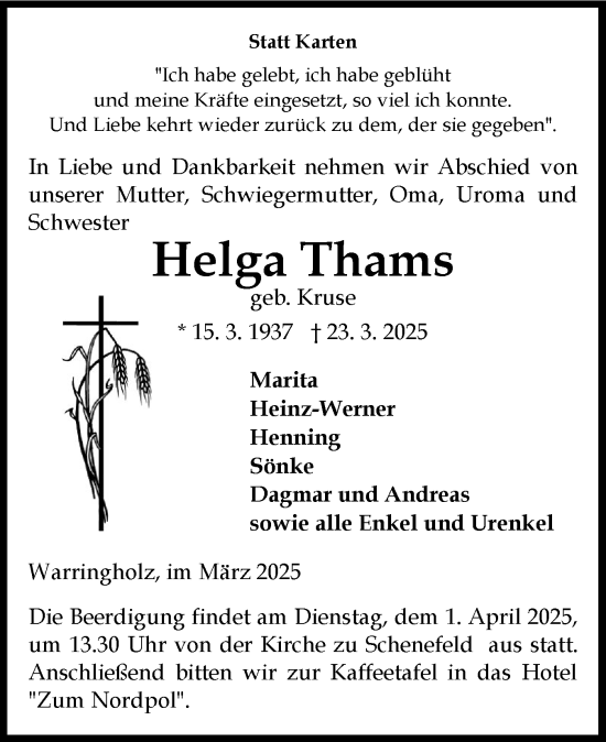 Traueranzeige von Helga Thams von Norddeutsche Rundschau, Wilstersche Zeitung, Glückstädter Fortuna