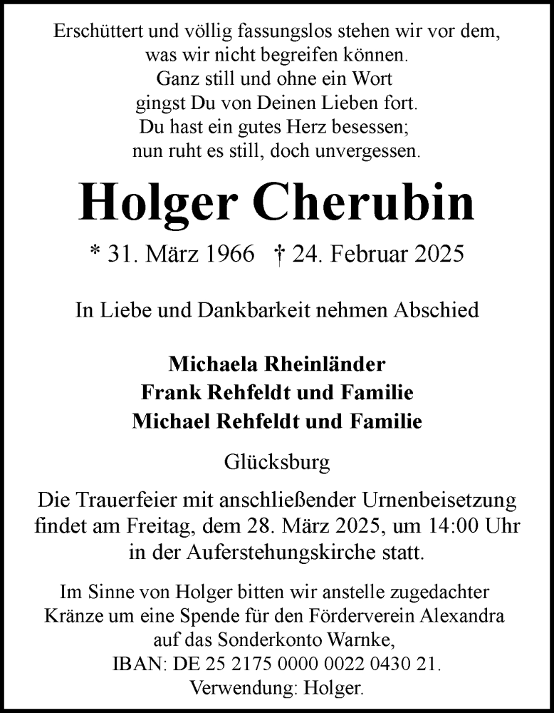  Traueranzeige für Holger Cherubin vom 22.03.2025 aus Flensburger Tageblatt